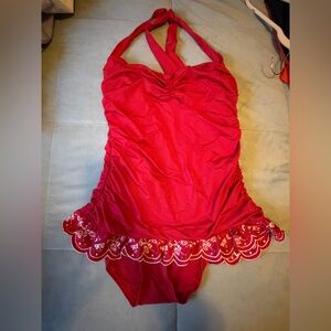 Juicy Couture Red one-piece, skirted halter bathing suit with Lace Trim